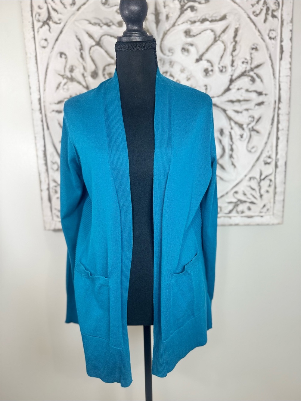 Time and Tru Women’s S 4-6 Teal Blue Long Open Front Cardigan Sweater Pockets